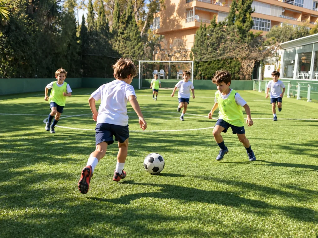 Niños jugando al fútbol al aire libre.