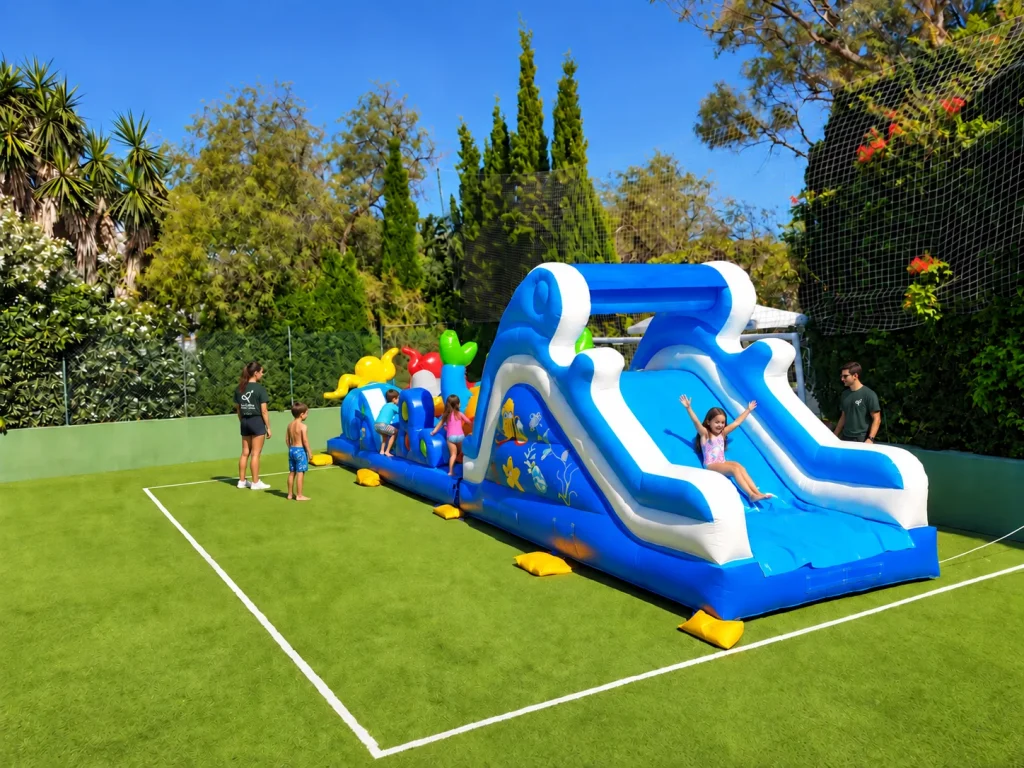Niños disfrutando de un hinchable al aire libre junto a monitores.