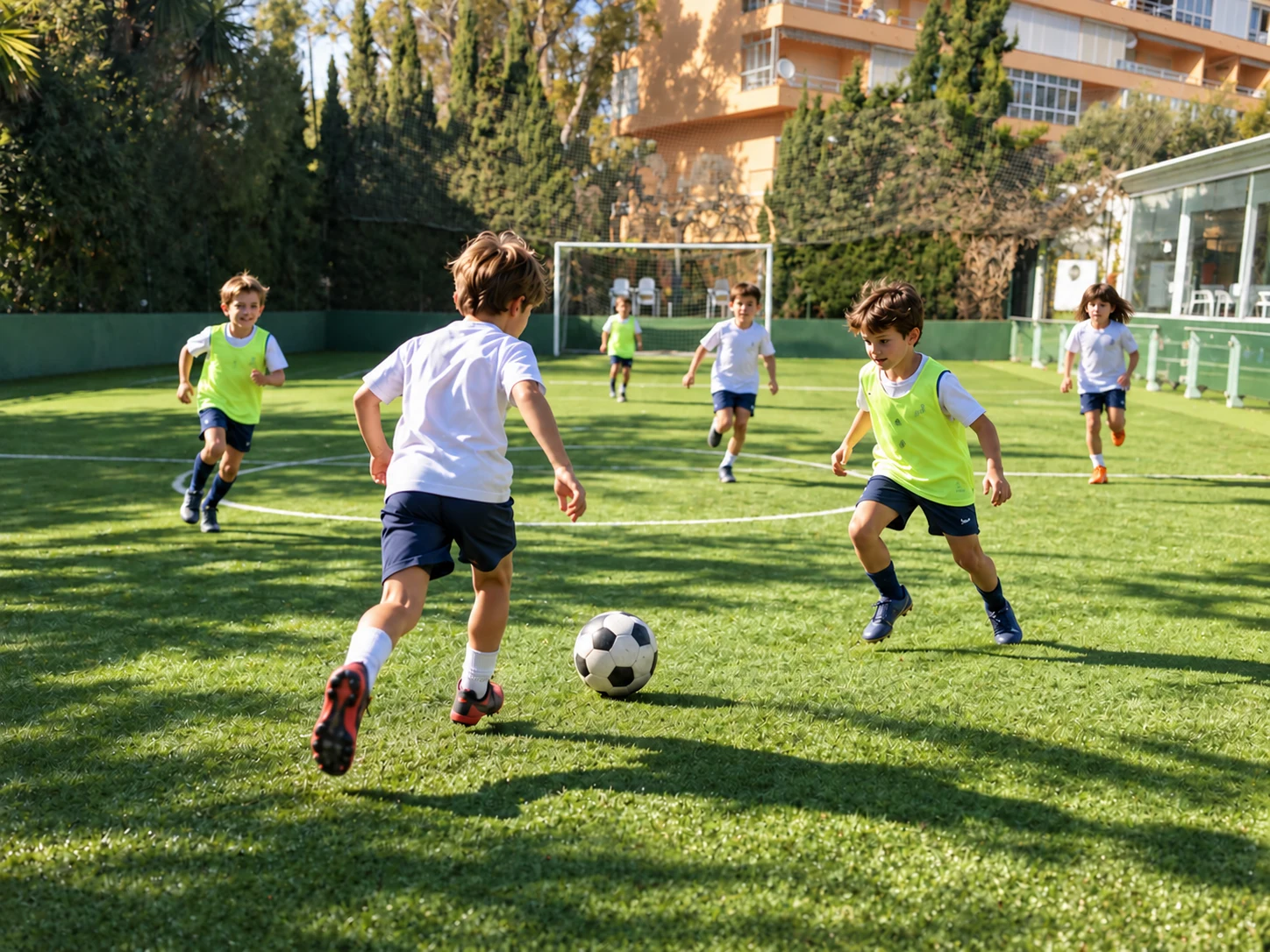 Niños jugando al fútbol al aire libre.