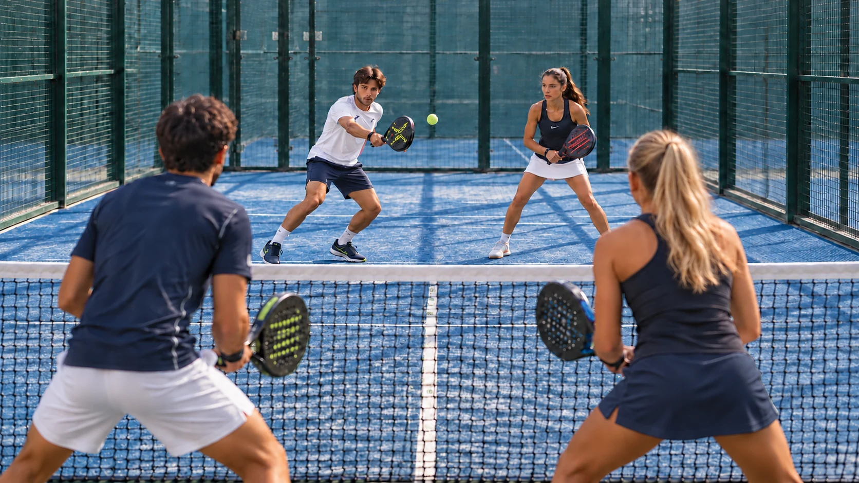 Jugadores durante un partido de pádel en una pista de césped azul.